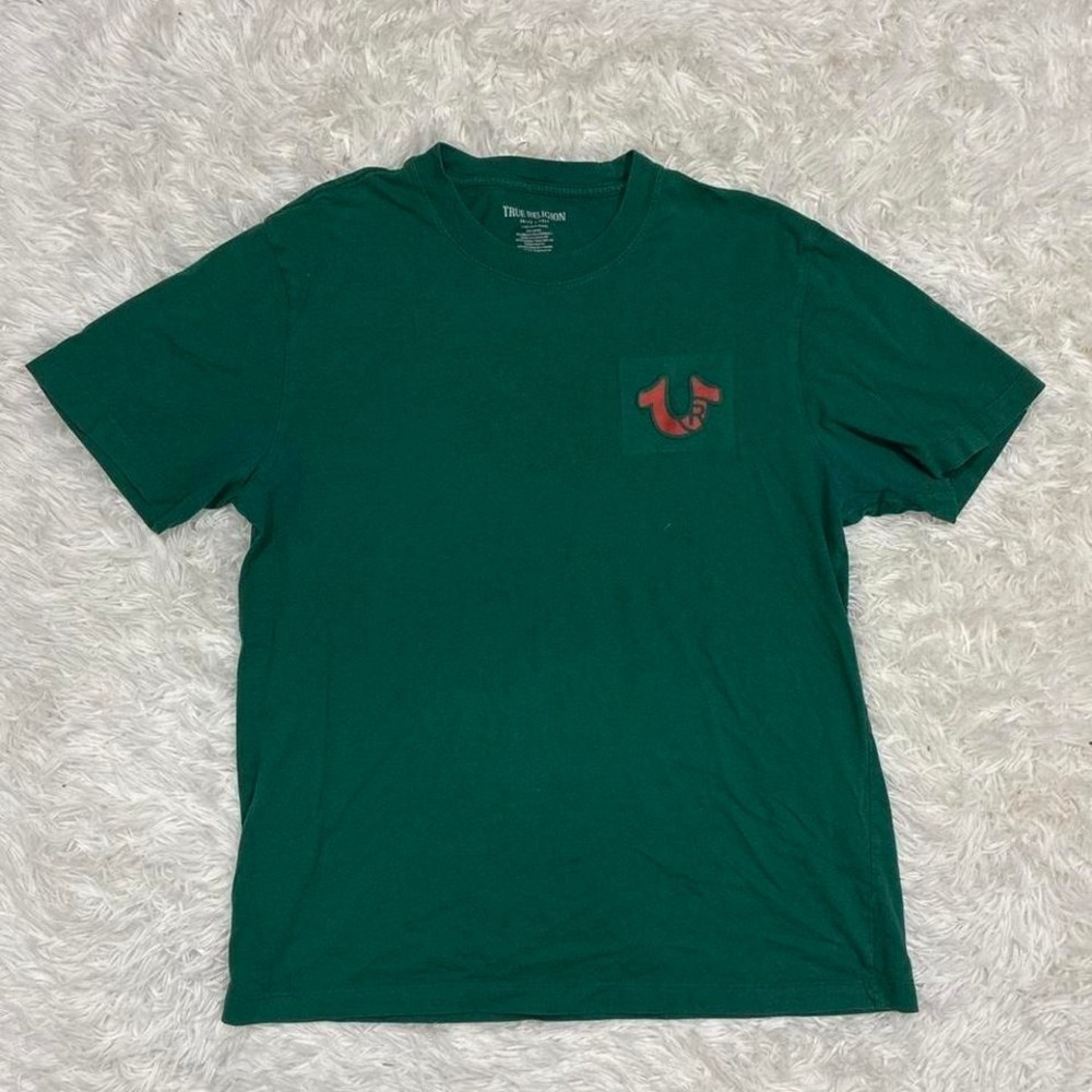 Y2K Graphic Casual True Religion green cotton t-shirt with orange logo